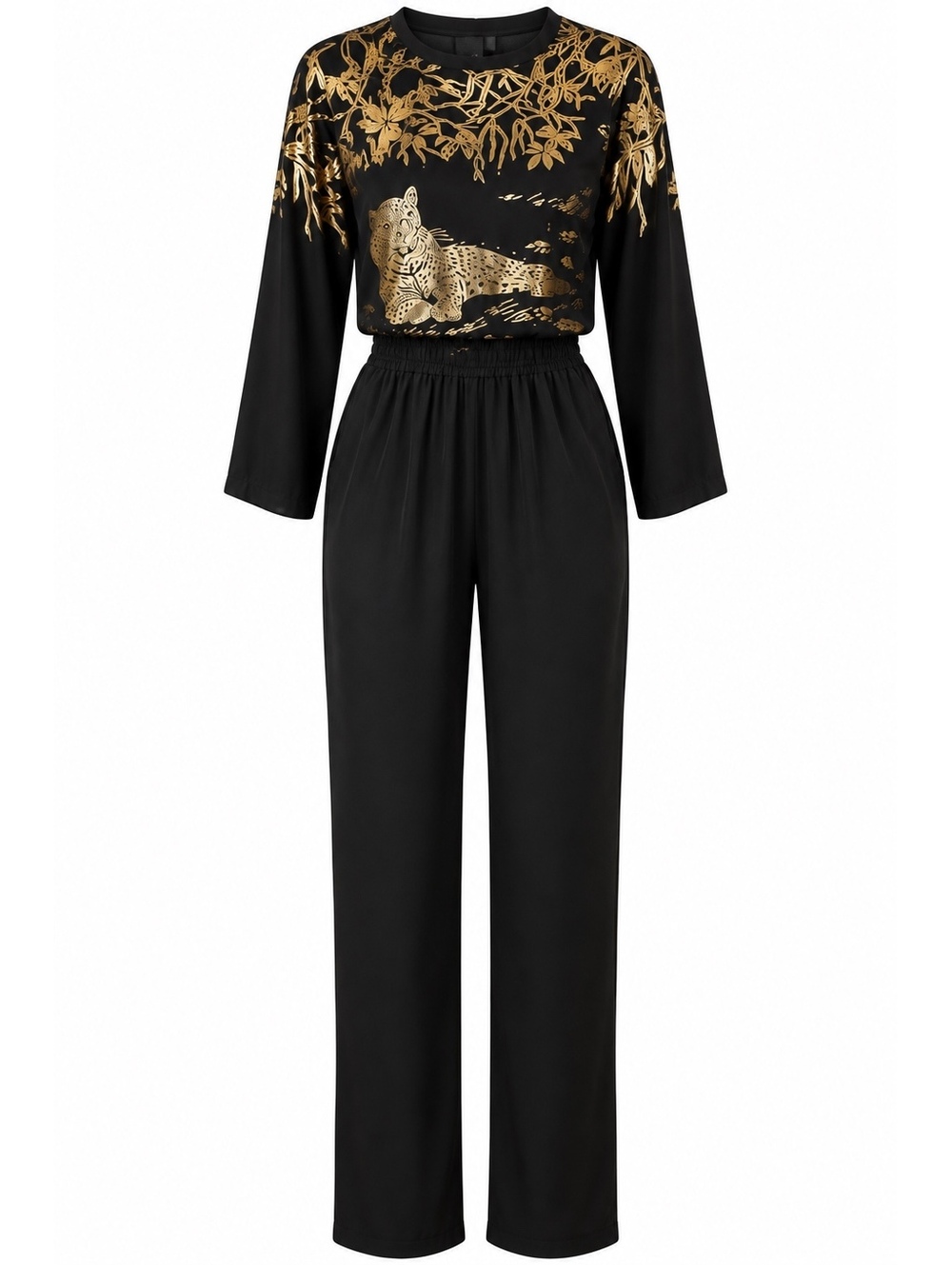 Michel Adam’s Paris Black & Gold Leopard Graphic Jumpsuit